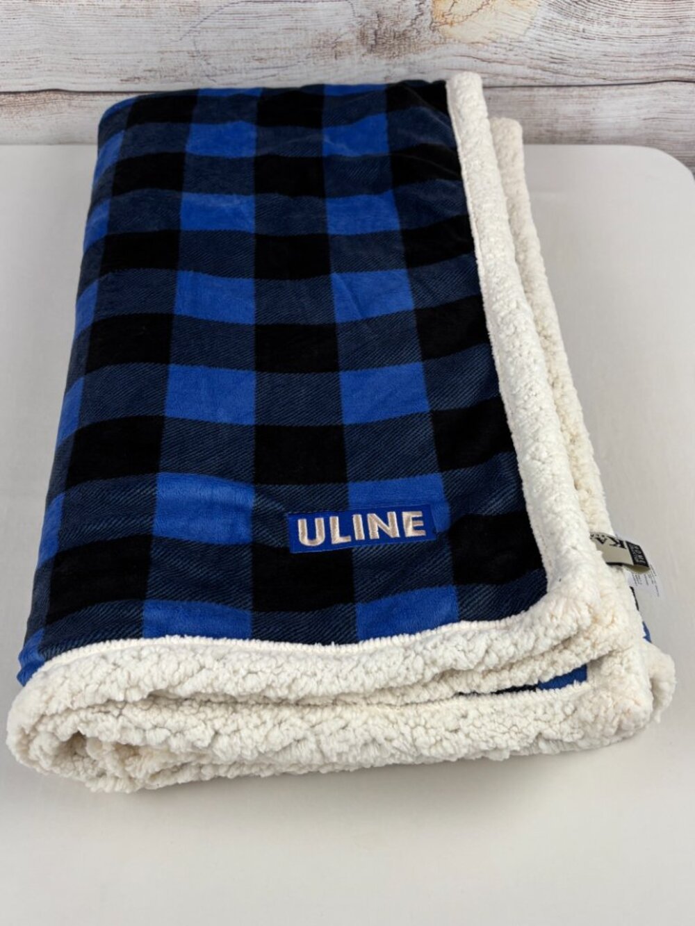 Uline Buffalo Plaid Fleece Sherpa Blanket Blue Black 50x60